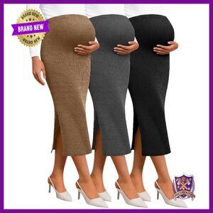 Maternity Pencil Skirt 3-Pack High Waist Ribbed Knit Stretchy Split Hem